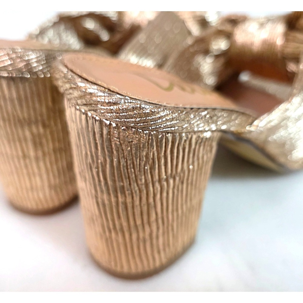 Lulus Gold Bow Block Heel Sandals Womens 5 Metallic Slip On Wedding Party Bridal - Picture 5 of 14